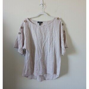 Ellen Tracy Linen Top Short Flare Sleeve Striped Beige White Size M